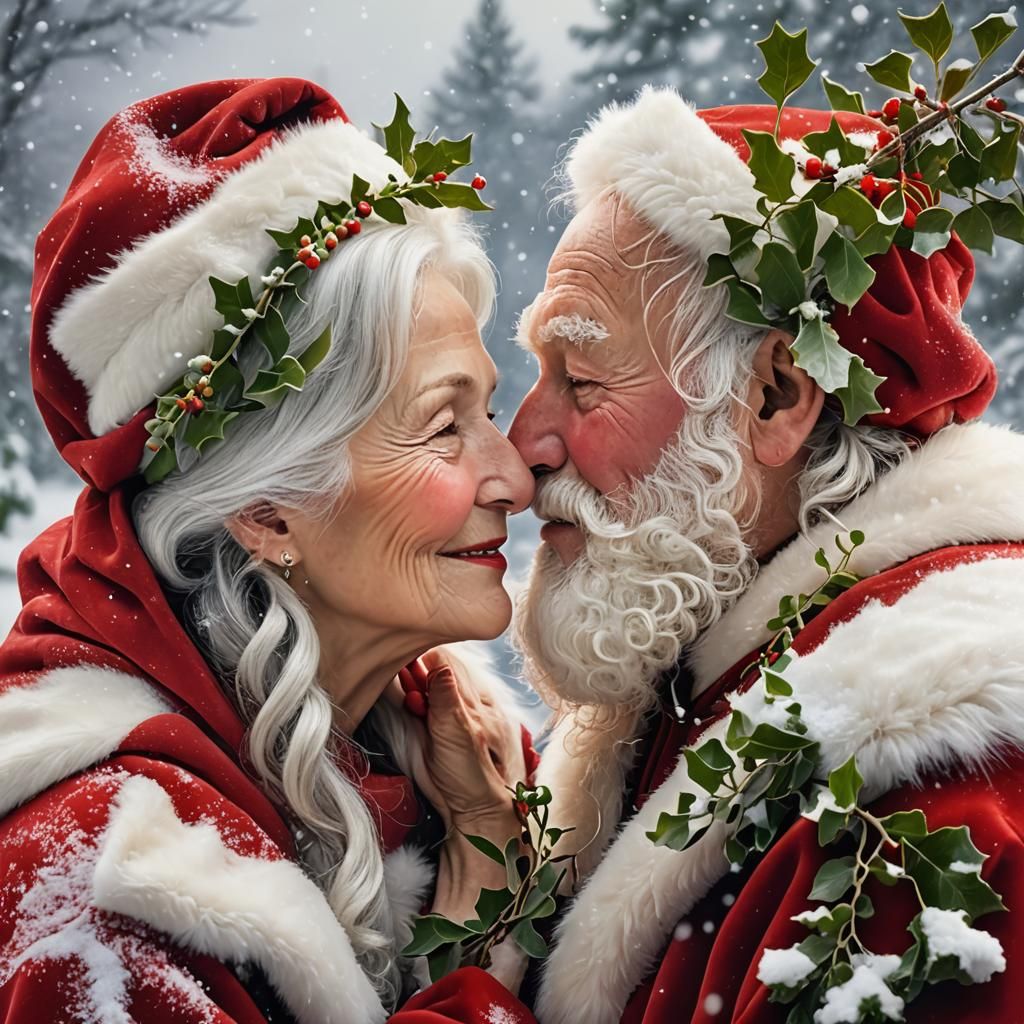 Aging Santa and Mrs Claus Share Tender Eskimo Kiss in Sparkl...