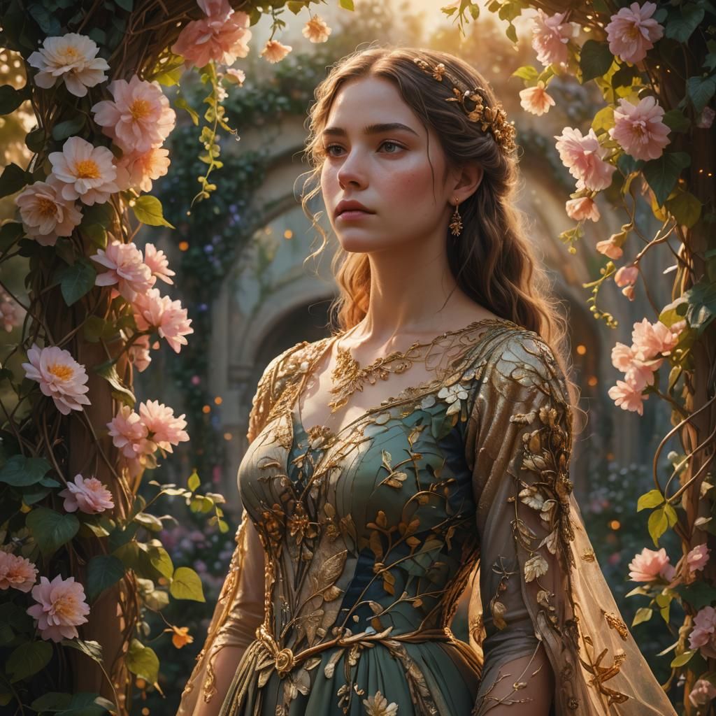 Pensive Woman Surrounded by Flowers: Fantasy Concept Art