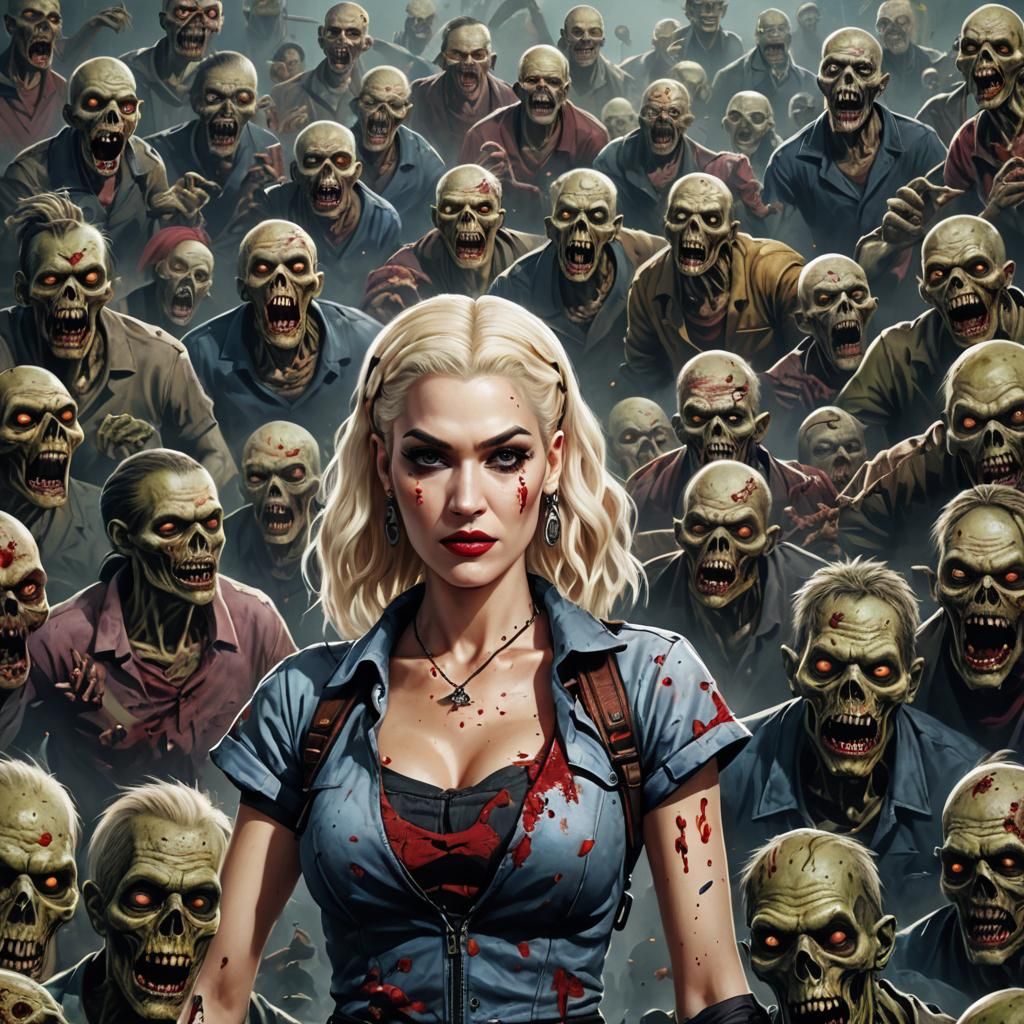Gwen Stefani Surrounded by Zombies: Detailed Matte Painting