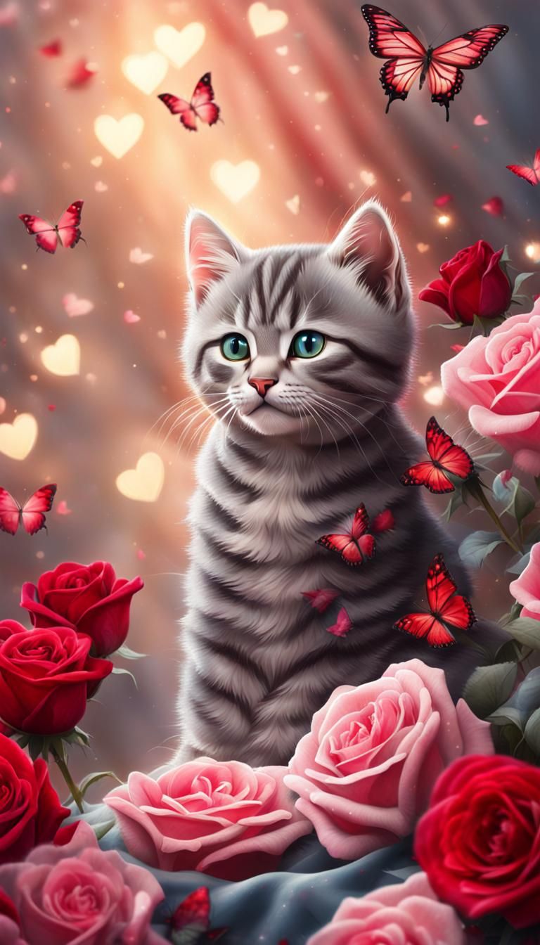 Grey Tabby Kitten with Roses in Digital Art