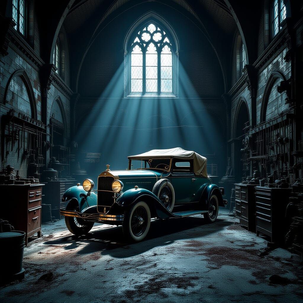 Moonlit Victorian Workshop with Vintage Car