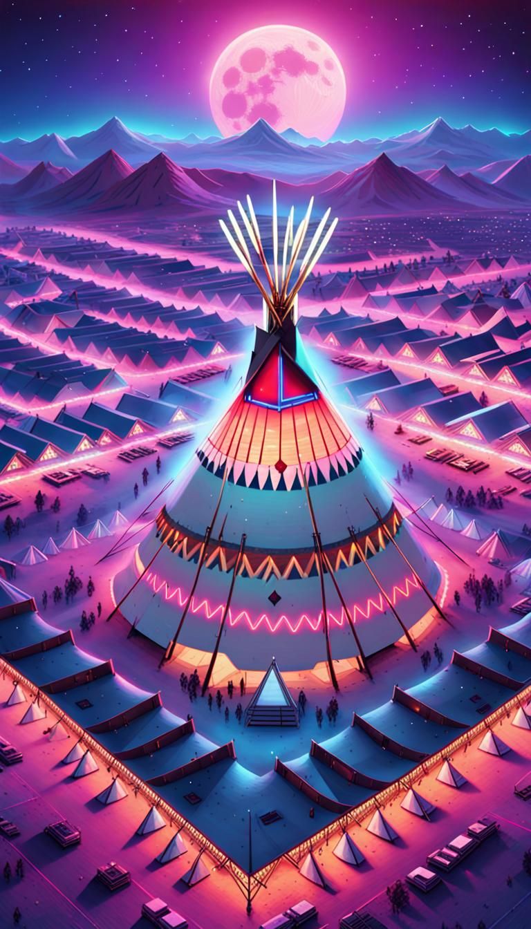 Holographic Tepee City in Synthwave Style