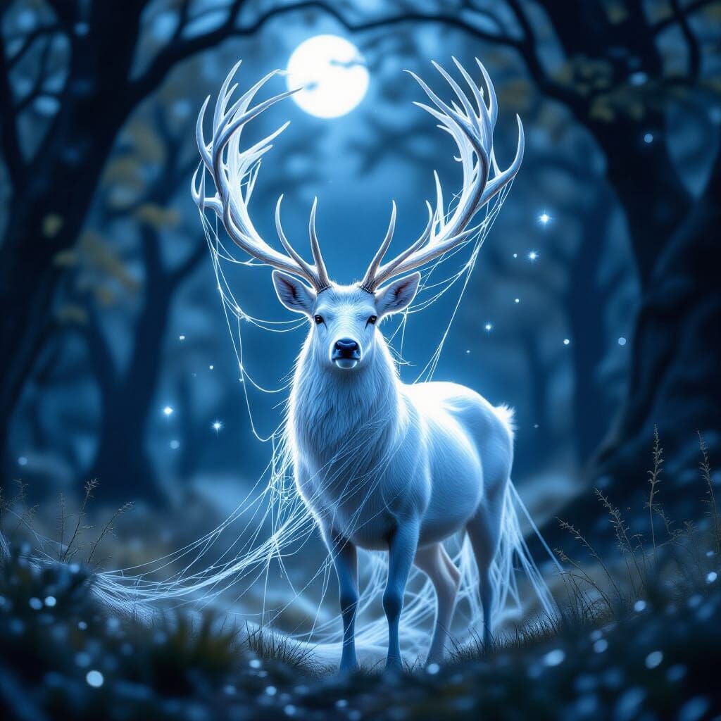 Majestic White Stag with Spider Silk Antlers in Moonlit Glad...
