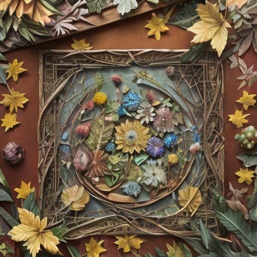 Autumnal Collage of Leaves and Origami Figures