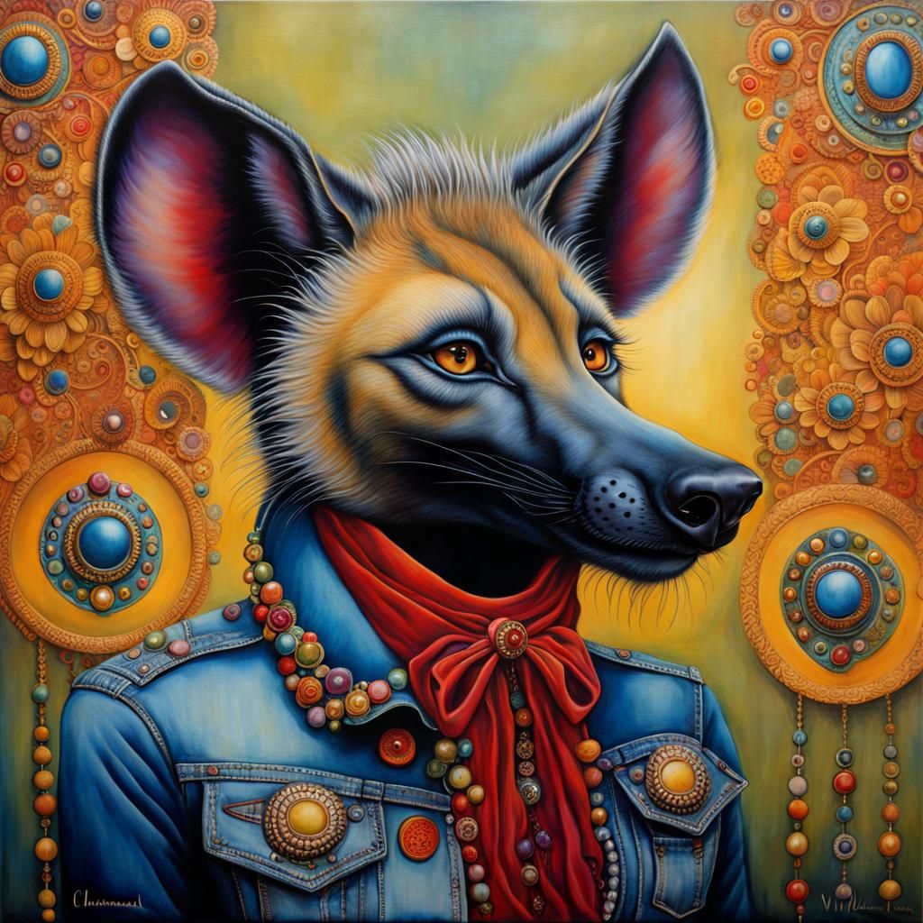 Denim Hyena Portrait in Whimsical Fine Art Style