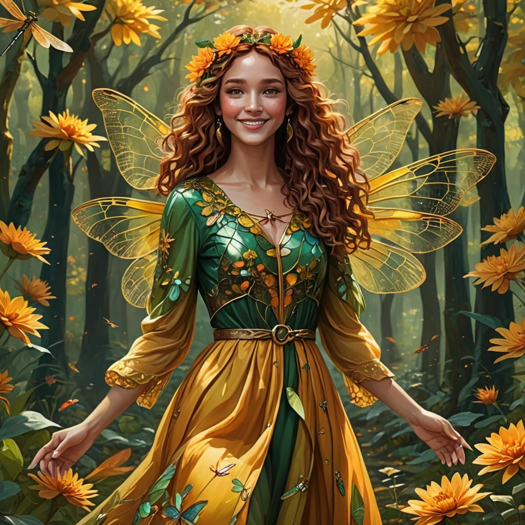 Arabic Woman with Dragonfly Wings in Autumn Forest