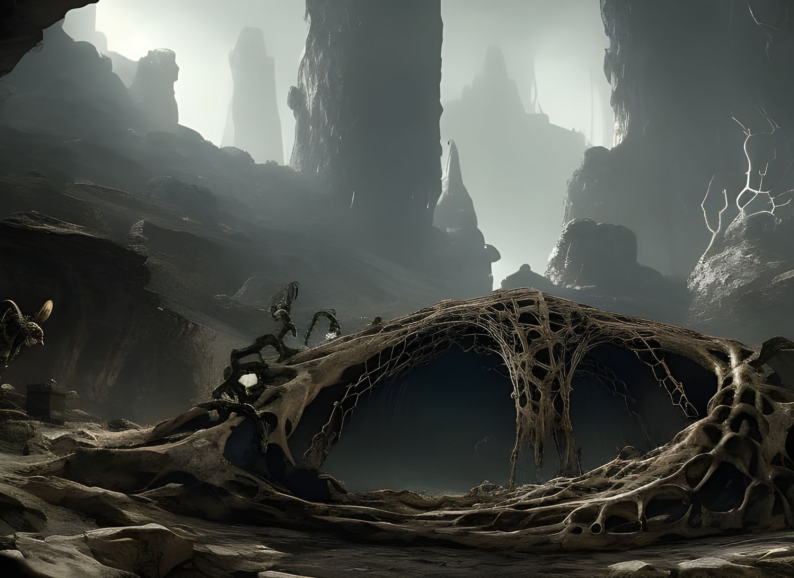 Desolate Spider Cave with Bones: Digital Art