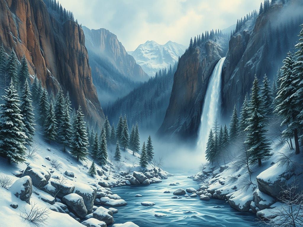 Winter Cliffs in Dark Fantasy Watercolor Style