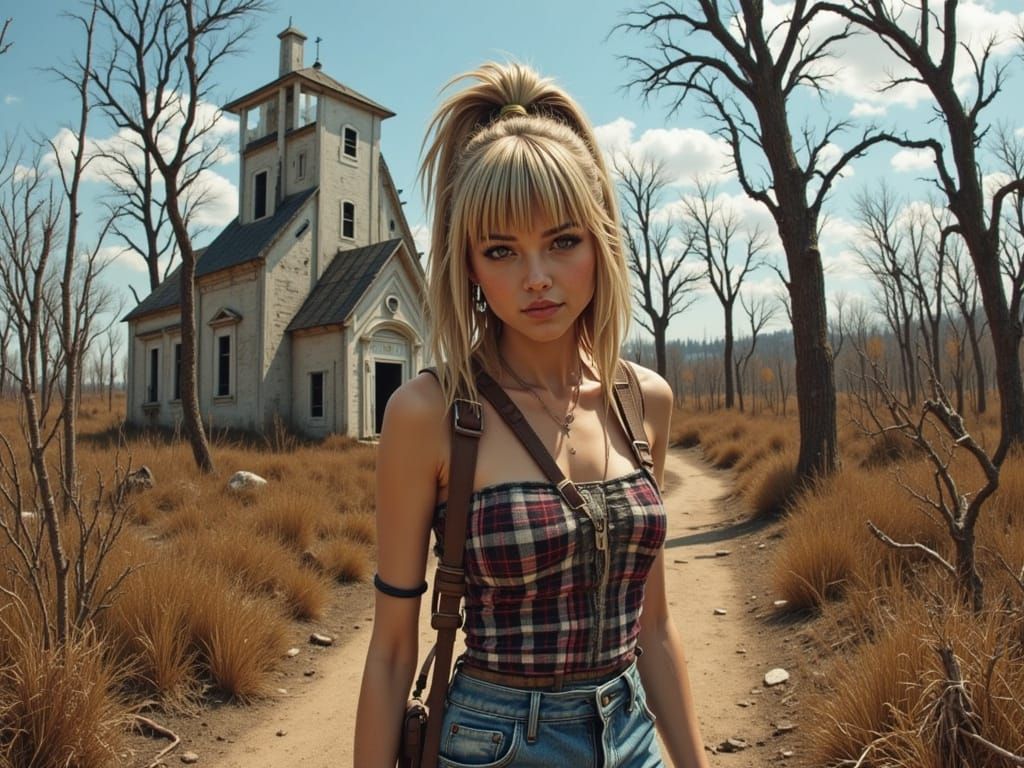 Blonde Woman Waves in Front of Abandoned Church