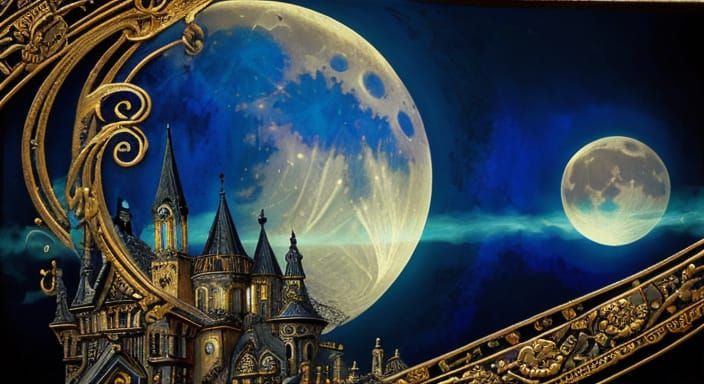 Steampunk Cottages Under Double Exposure Moon