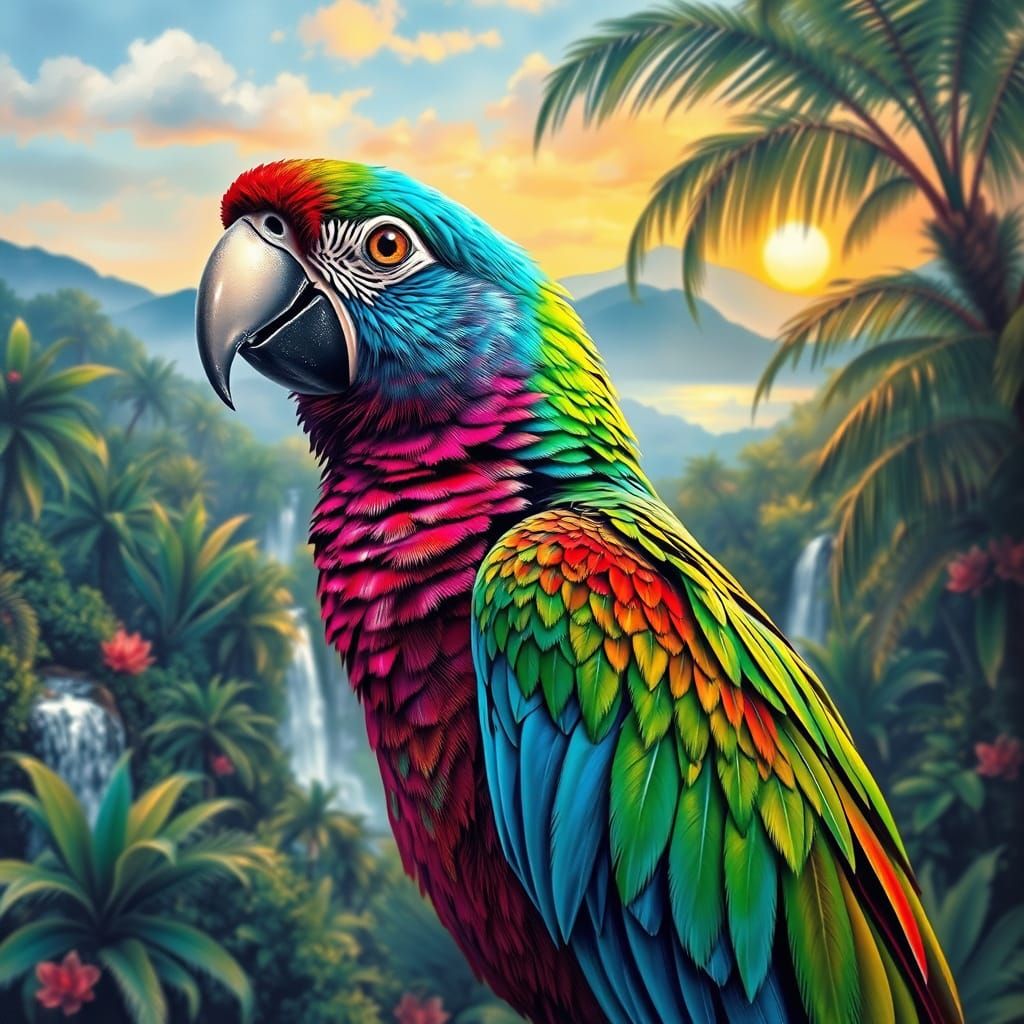 Iridescent Parrot in Tropical Impressionist Landscape