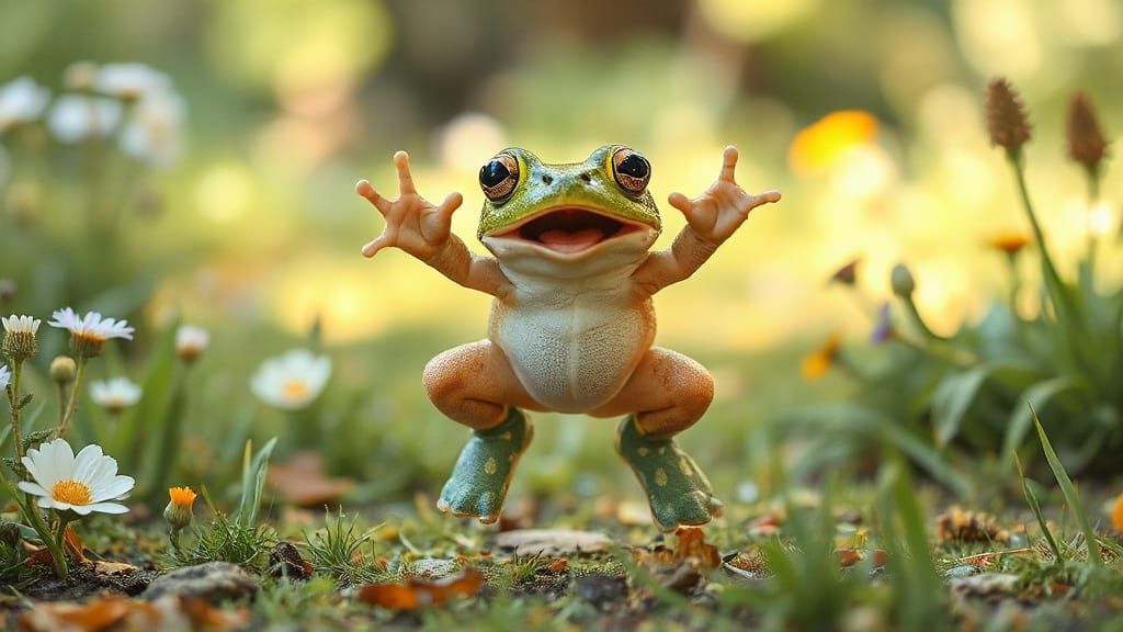 Frog Leaping in Whimsical Flower Garden