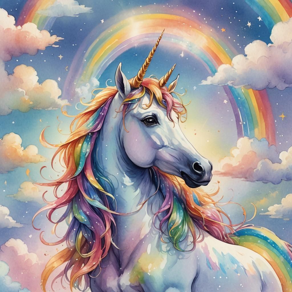 Fairy Unicorn Gazing at Rainbow in Watercolor Style