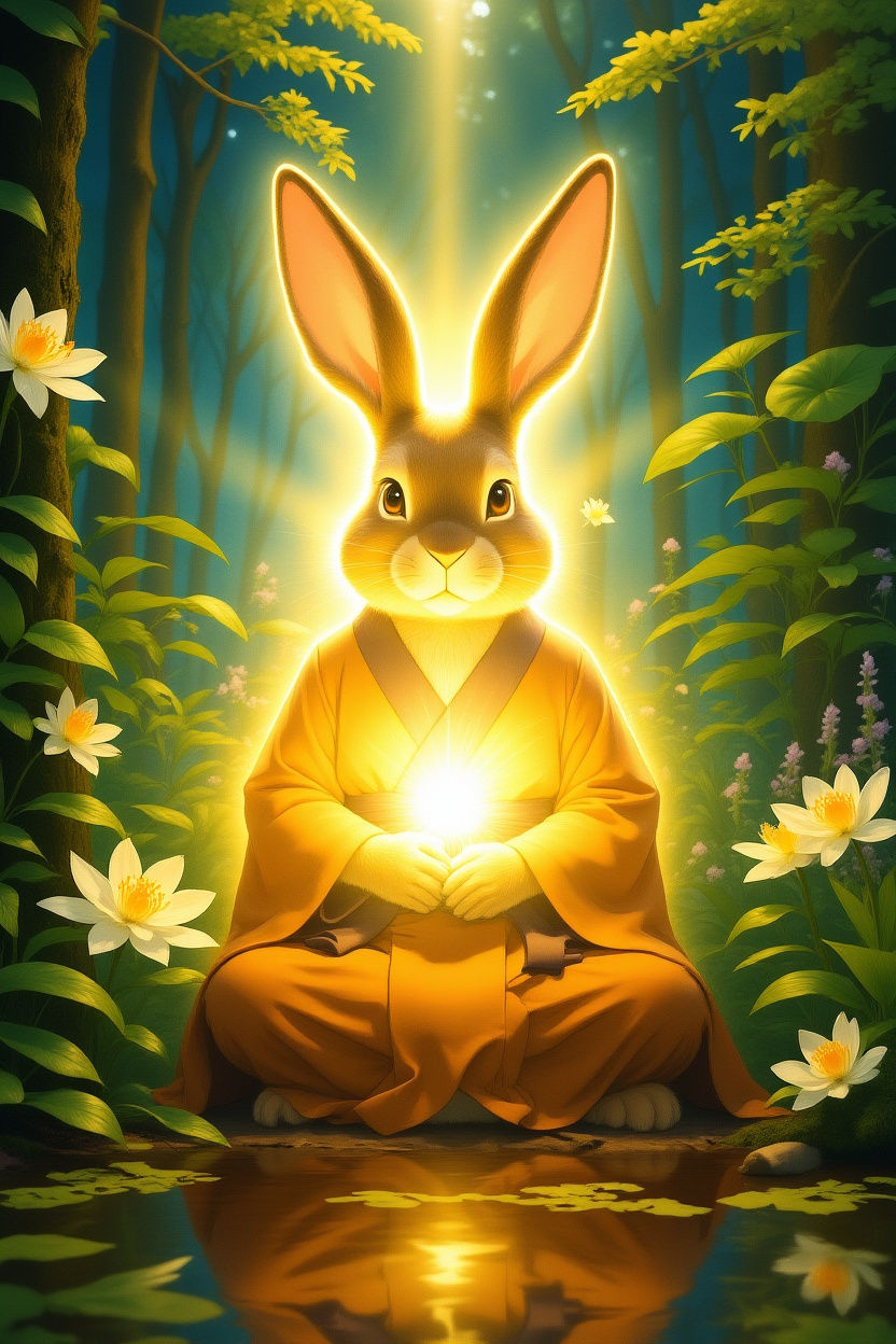 Meditating Rabbit in Magical Forest