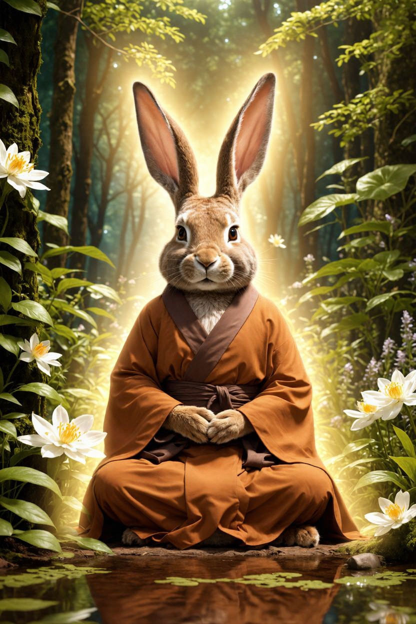 Meditating Rabbit in Serene Magical Forest