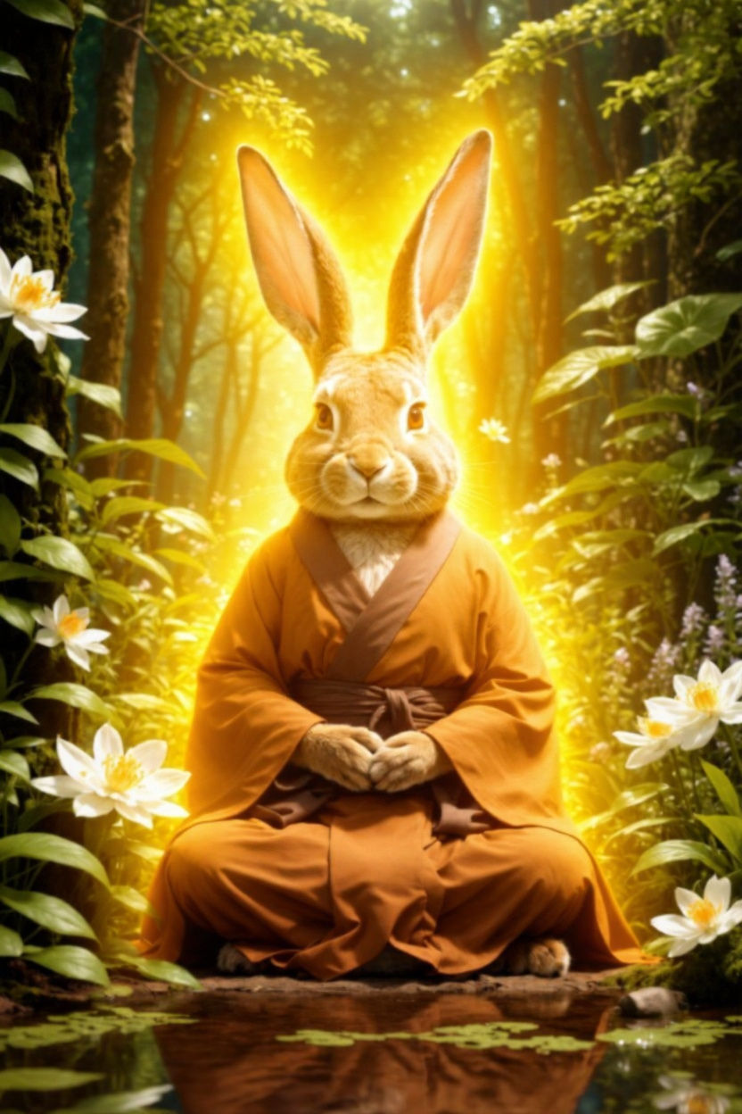 Meditating Rabbit in Magical Forest