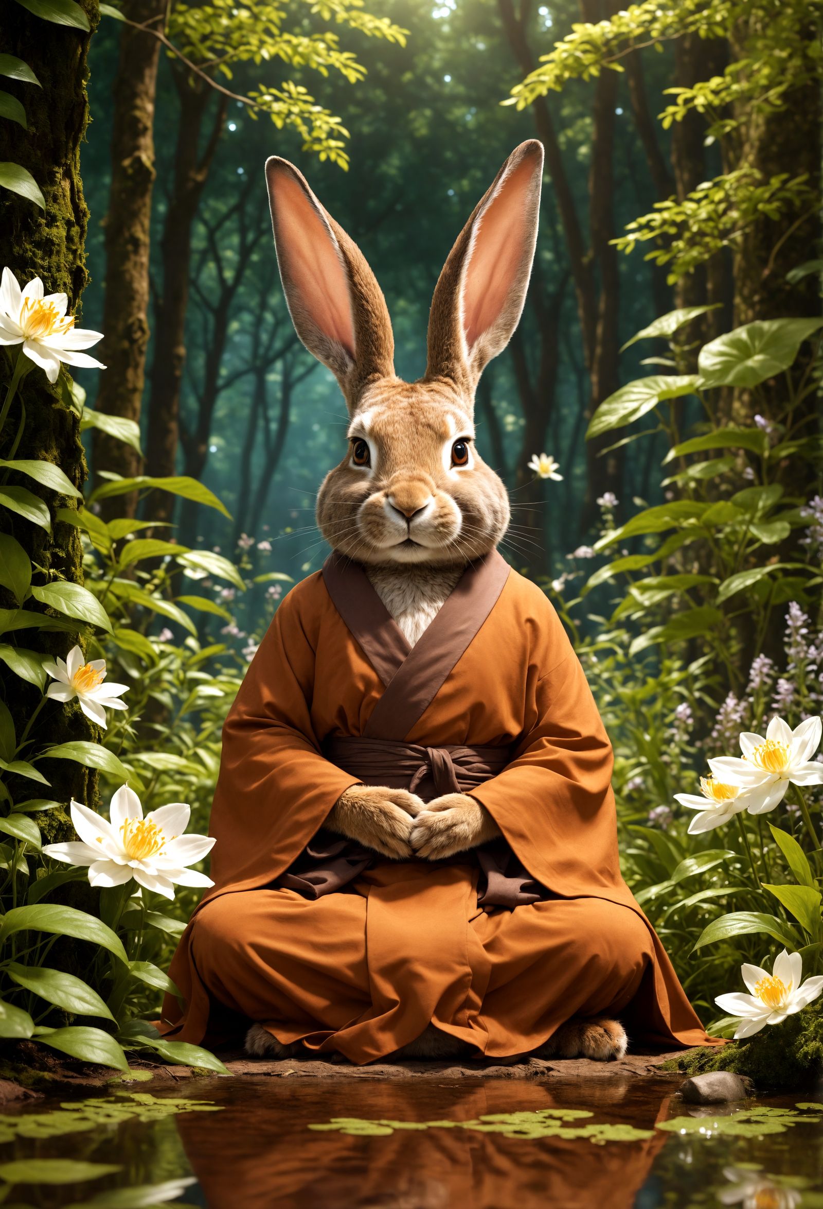 Serene Brown Monk Rabbit in Whimsical Forest