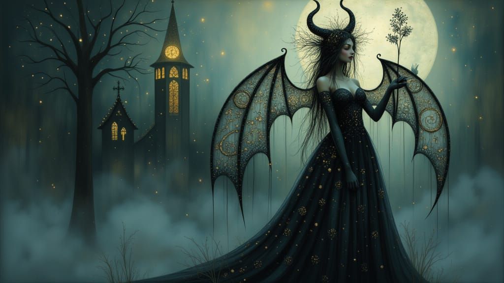 Elegant Demon Woman in Moonlit Gothic Scene