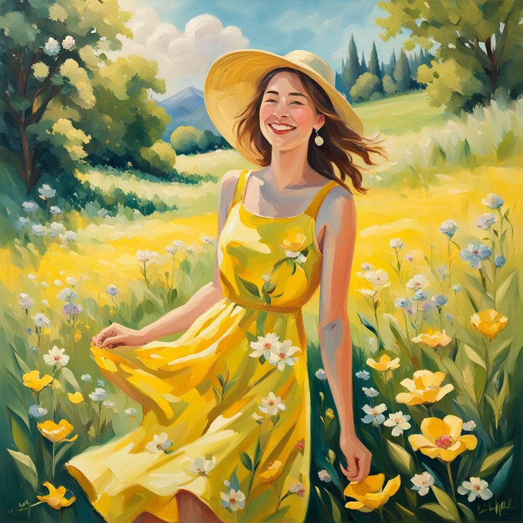 Smiling Woman in Meadow, Impressionist Oil Painting