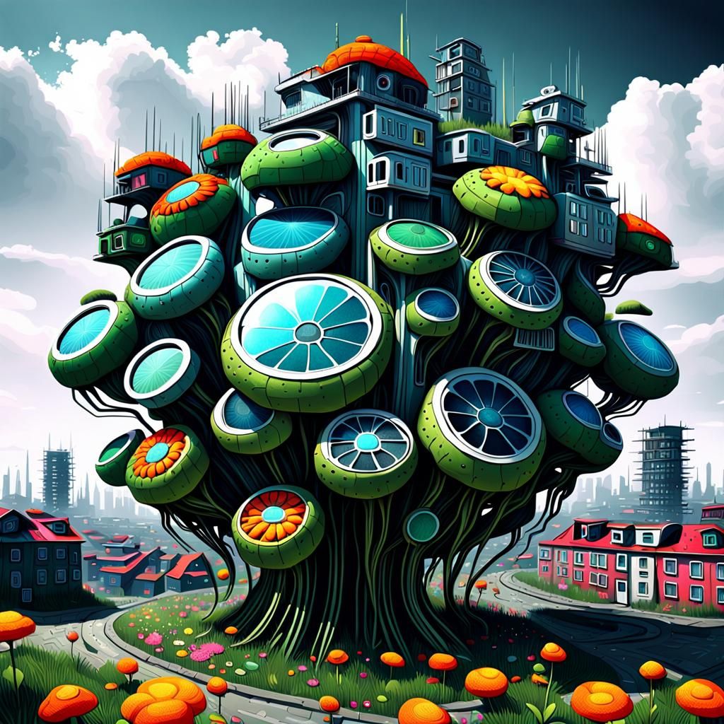 Cyberpunk Flower Made of Houses by Digital Artist