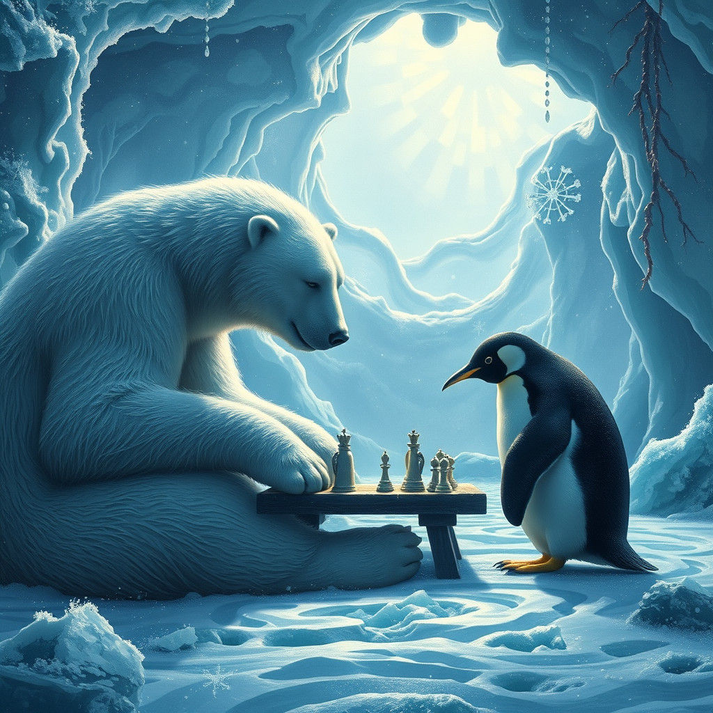 Chess Game in a Mystical Icy Landscape
