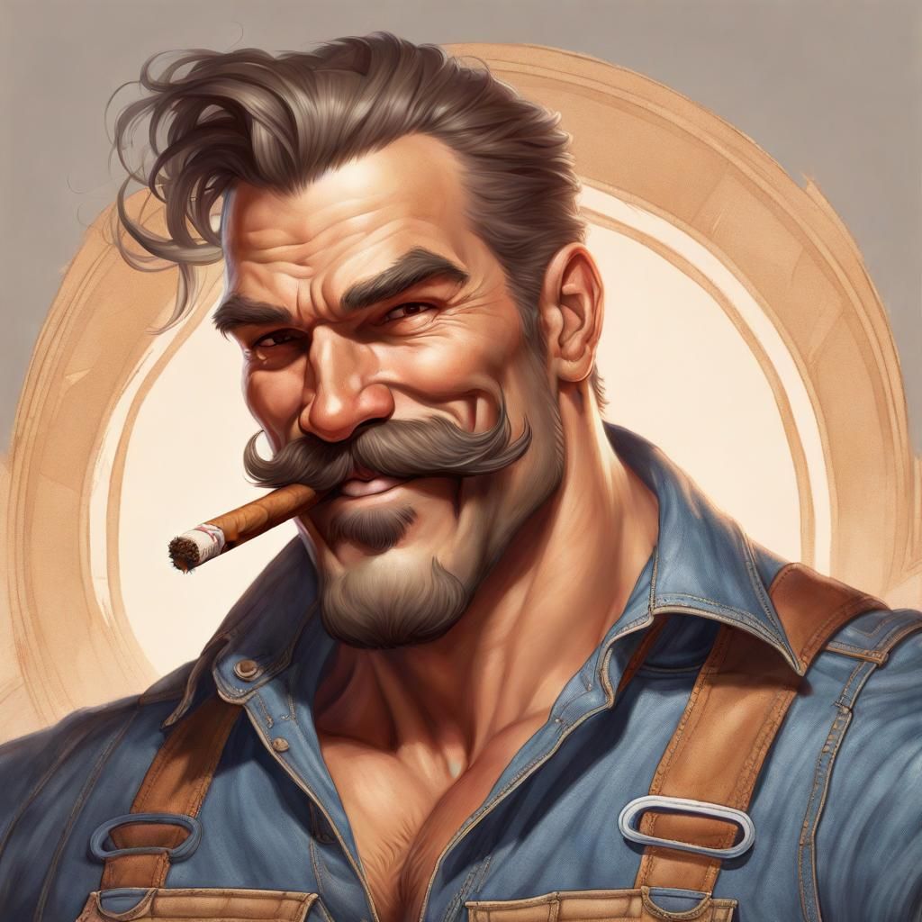 Muscular Man with Cigar, Hyperdetailed Portrait