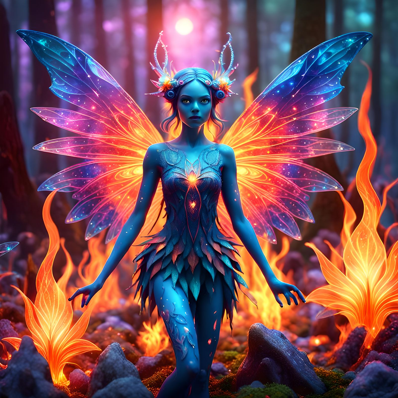Fiery Crystal Fairy in Psychedelic Forest