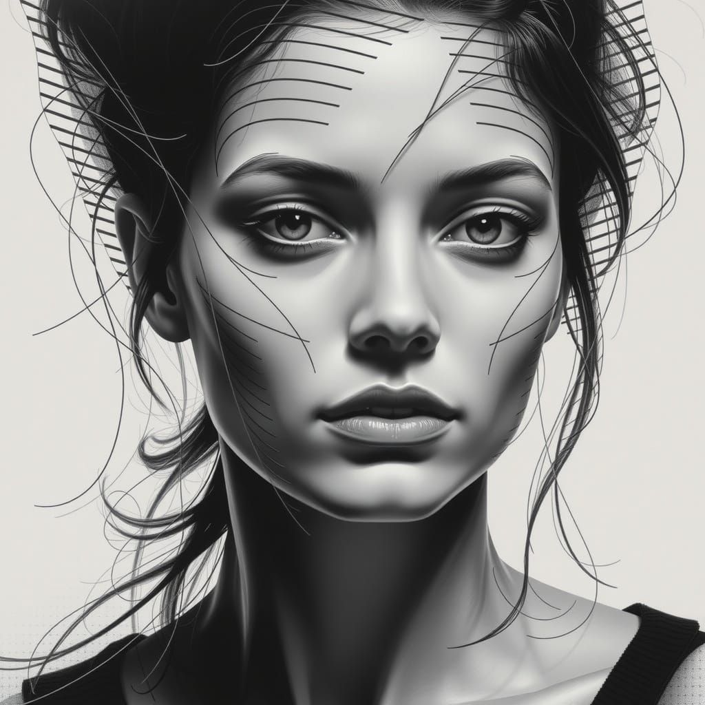 Surreal Woman in Profile, Minimalist Black and White Lines