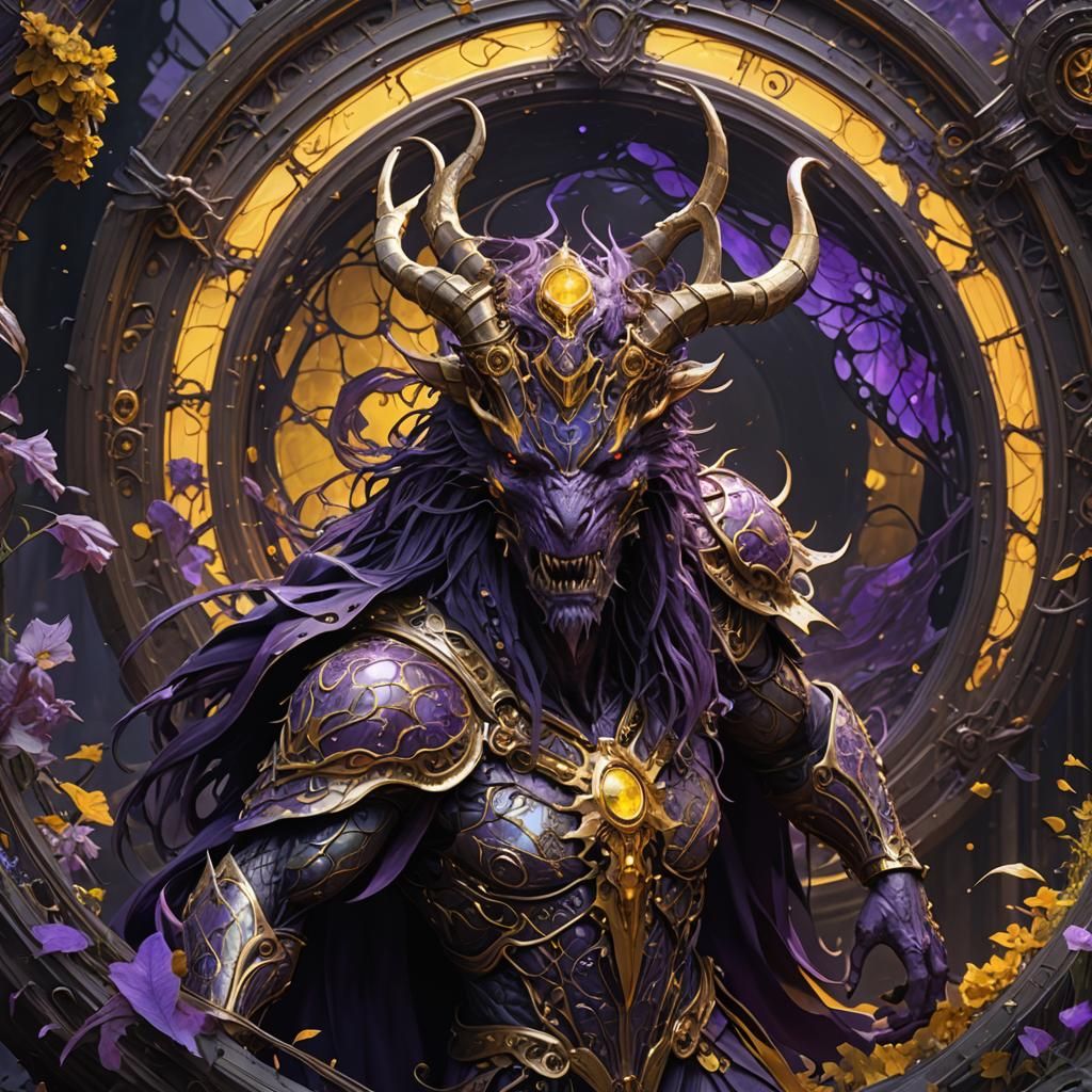 Hyperdetailed Dark Fantasy Creature in Purple and Yellow