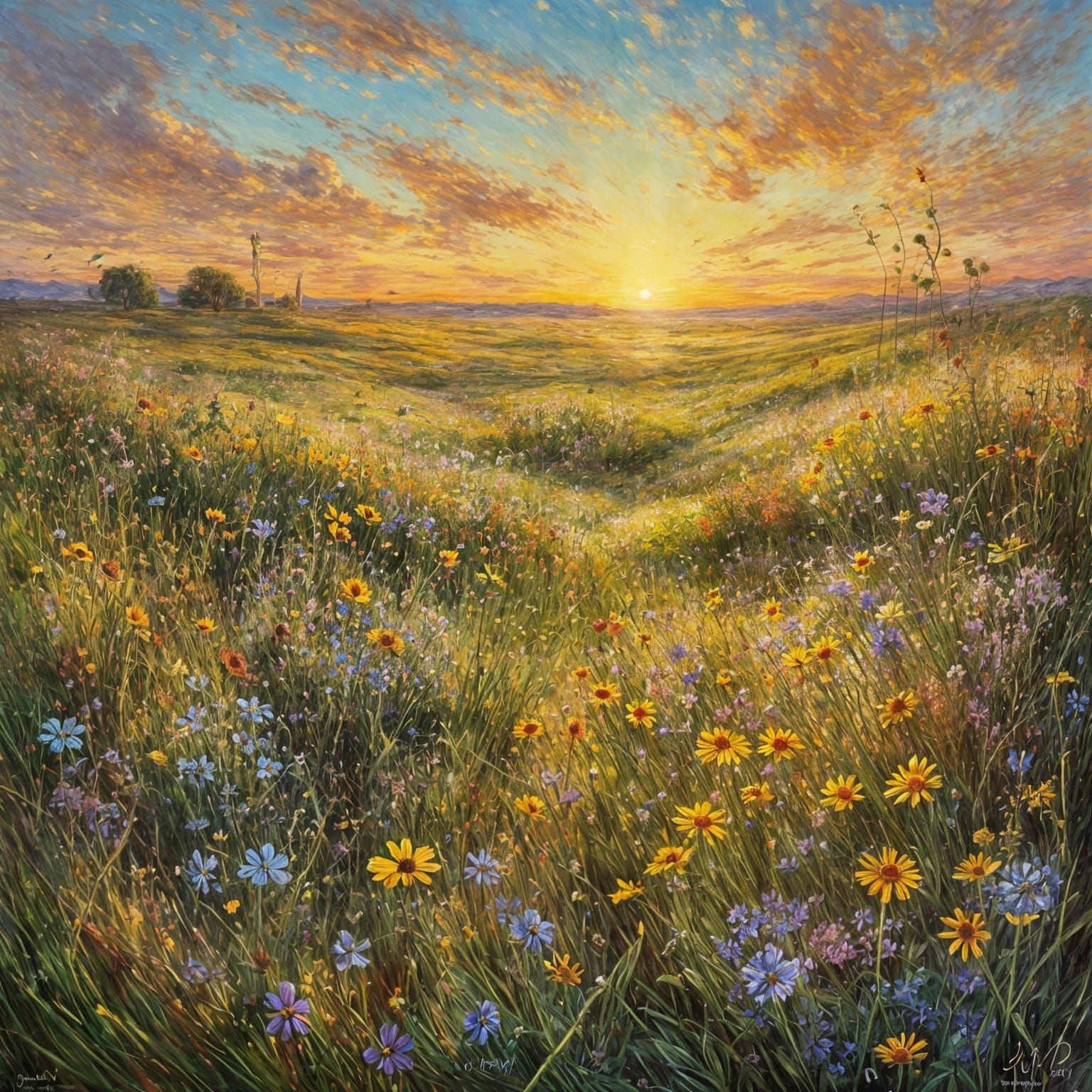 Wildflower Sunset: Surreal Impressionist Oil Painting