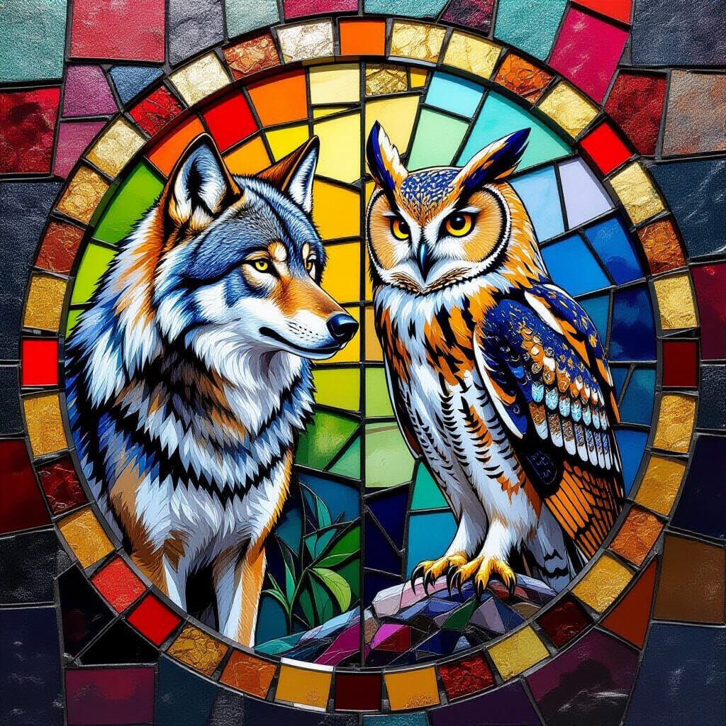 Wolf and Owl Mosaic in Hyper-Realistic Detail