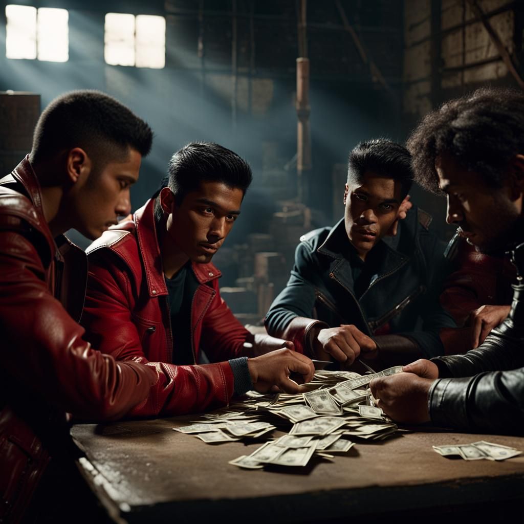Dramatic Warehouse Scene with Man Counting Cash