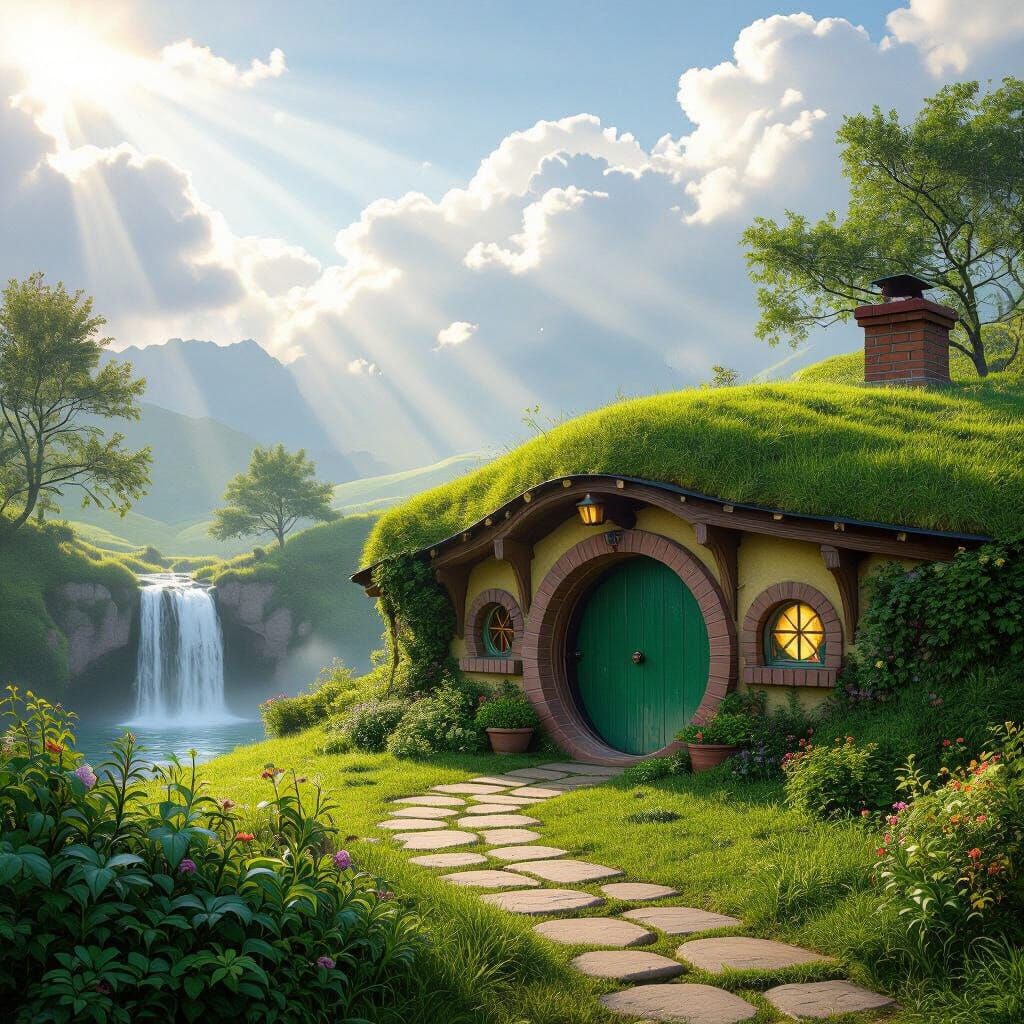 Whimsical Hobbit House with Waterfall in Background