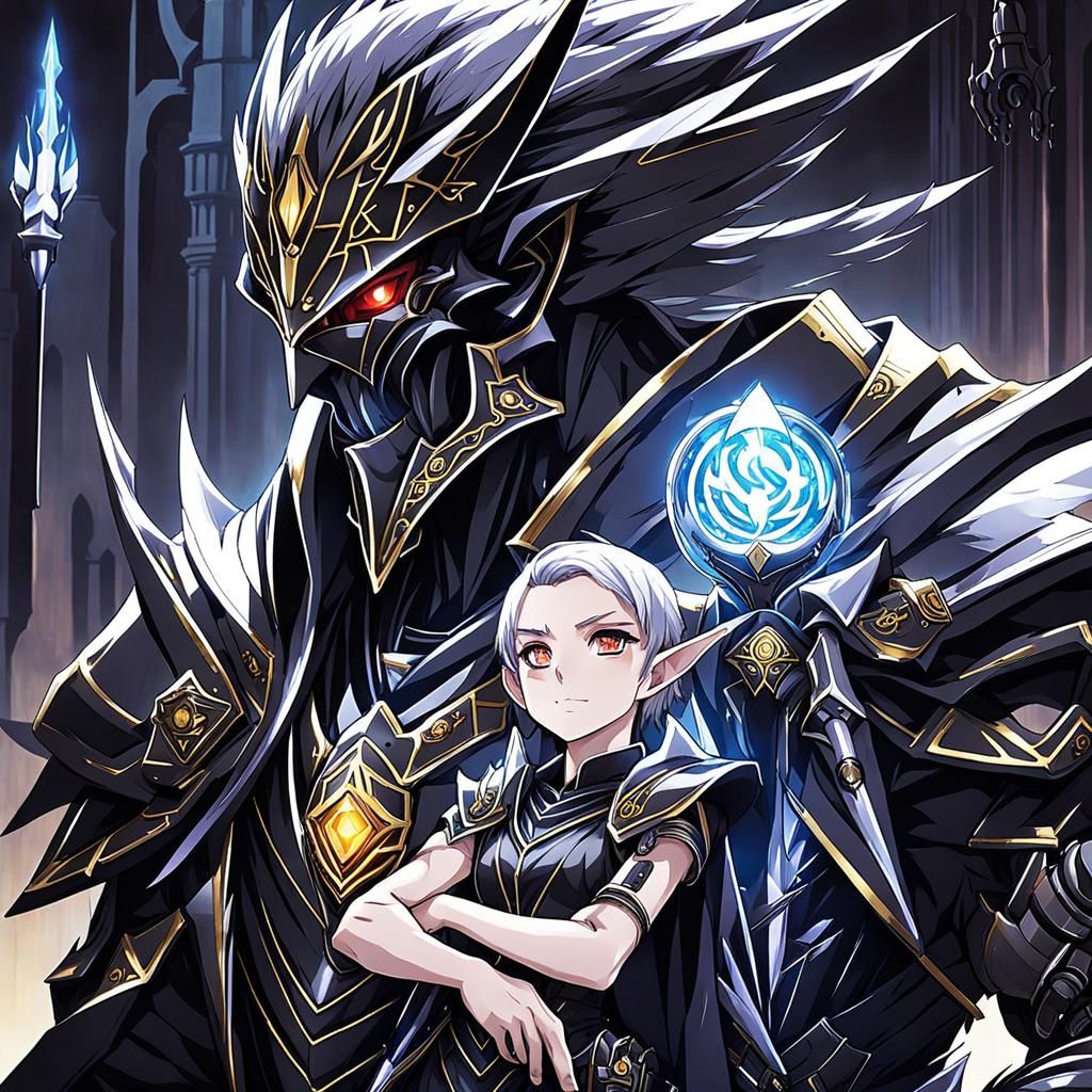 Cyborg Warlock Protecting Elf Child in Anime Style