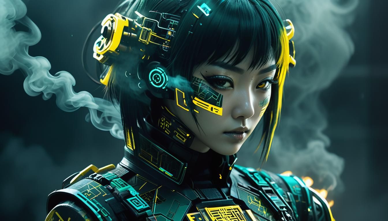 Cyberpunk Girl with Tech Wear in Darkness