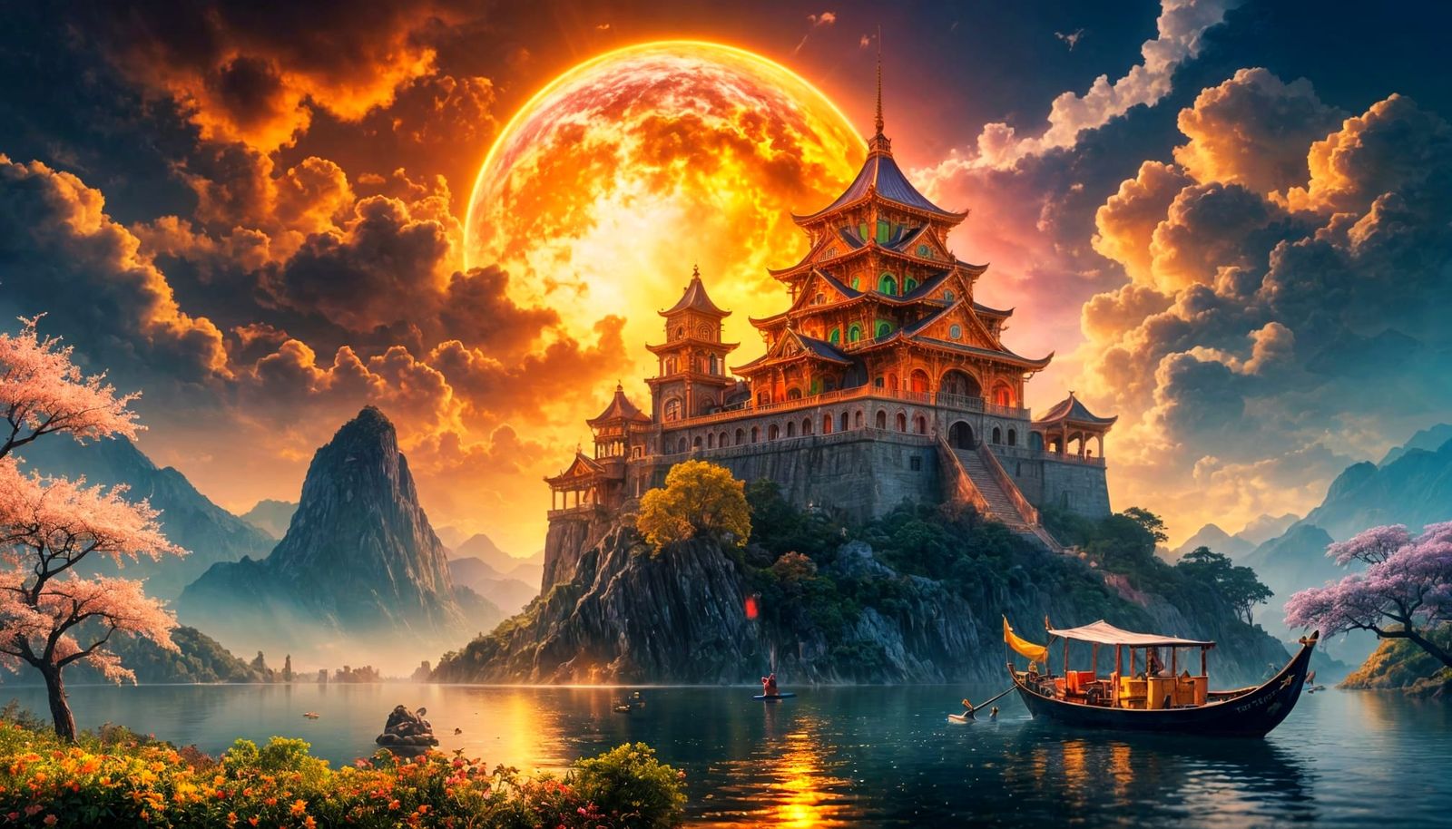 Japanese Castle in Cherry Blossom Garden as Sfumato Painting