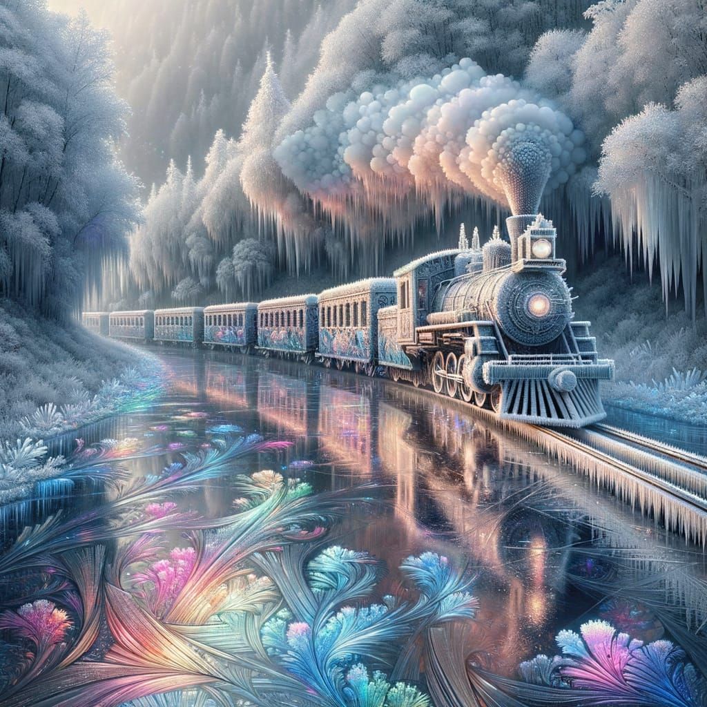 Ice Train in Magical Winter Landscape with Playful Colors