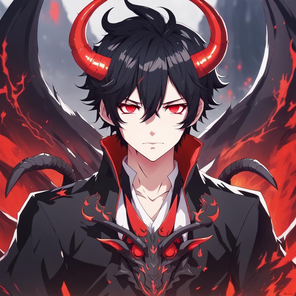 Anime Devil Boy with Red Eyes and Horns