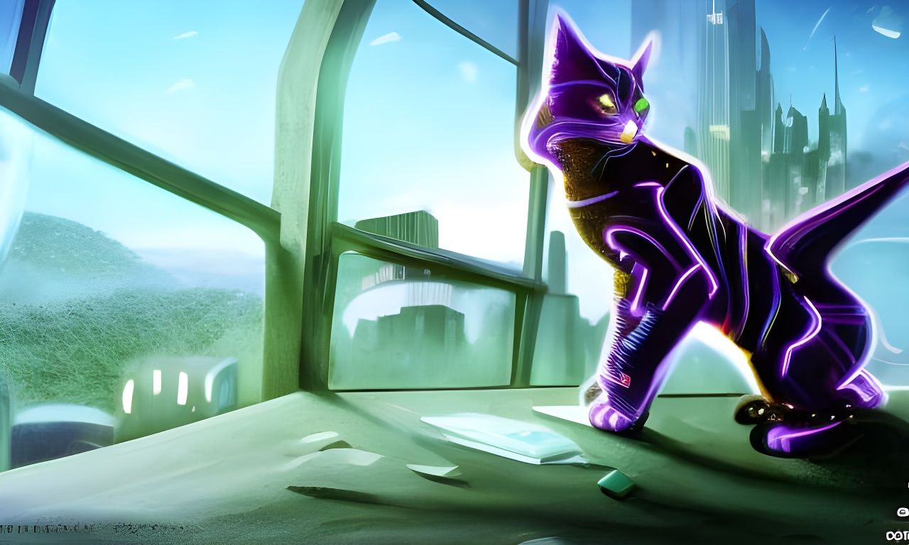 Neon Cyber Cat in Cup: Digital Art