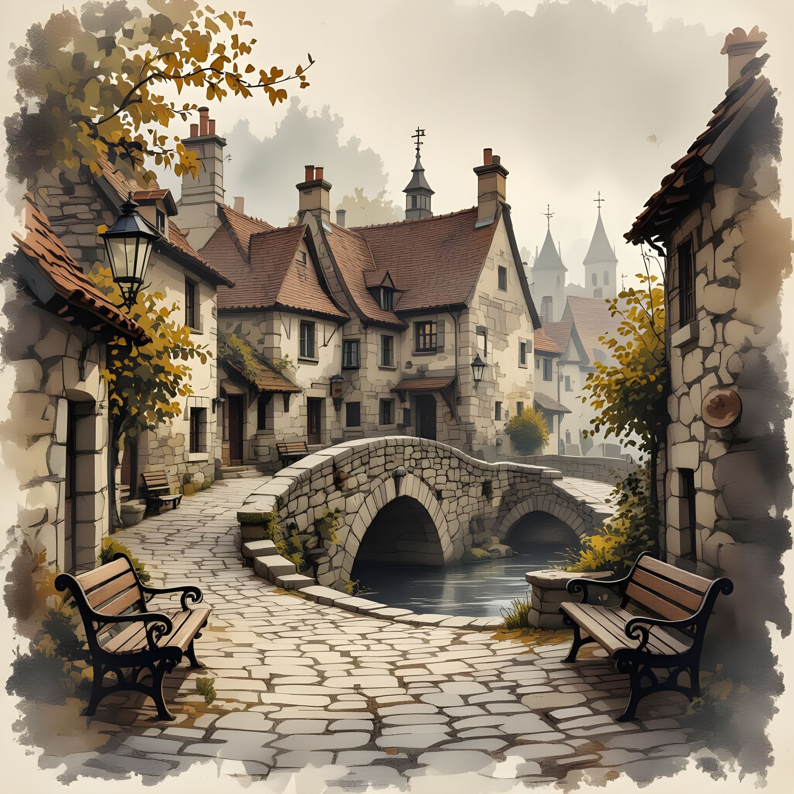 Steampunk Village: Grisaille Watercolor Sketch
