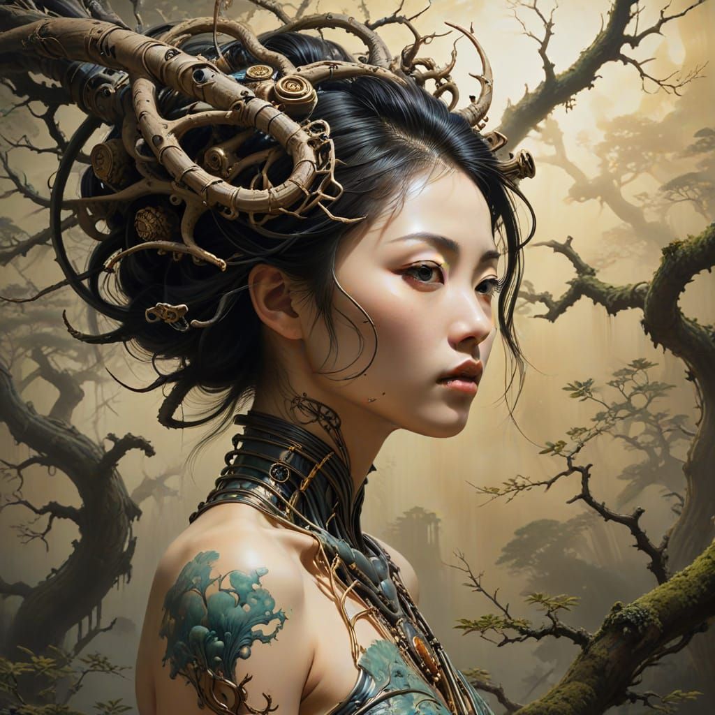 Surreal Biomechanical Japanese Woman in Dark Landscape