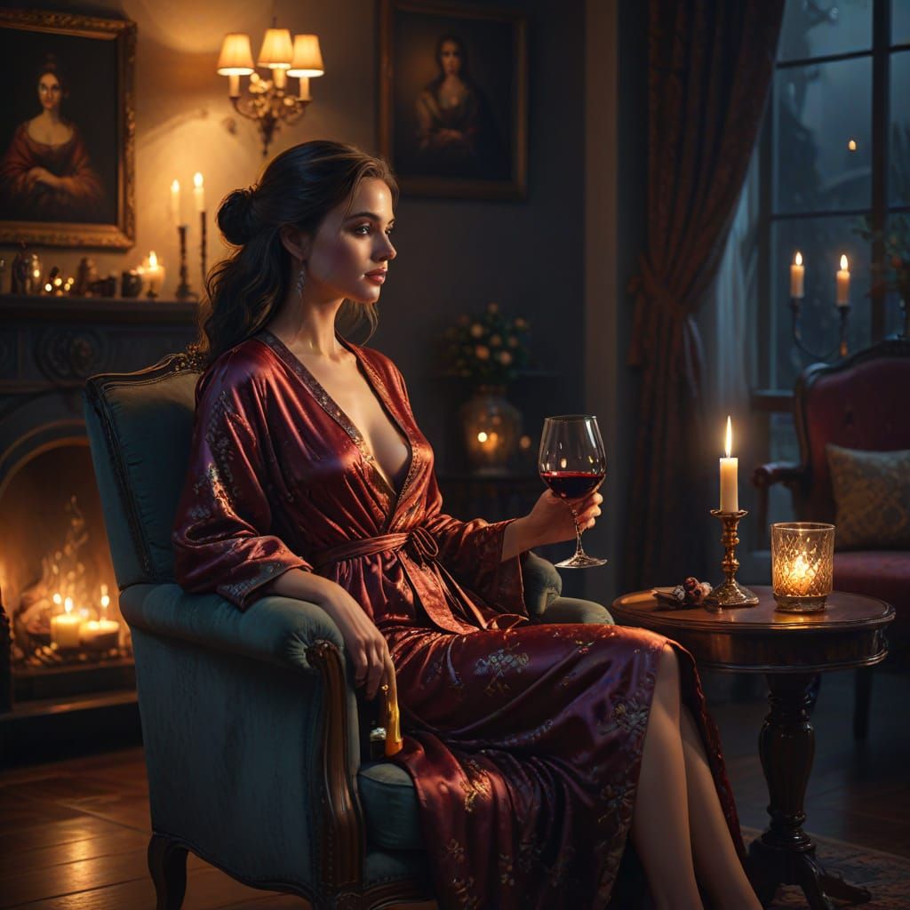Elegant Woman in Candlelit Room, Oil Painting Style