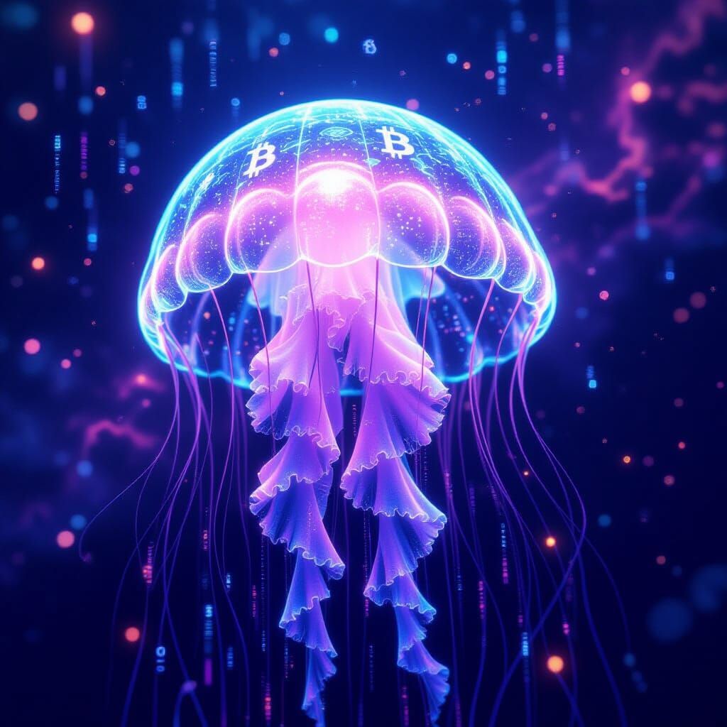 Bioluminescent Jellyfish in Digital Bitcoin Ocean