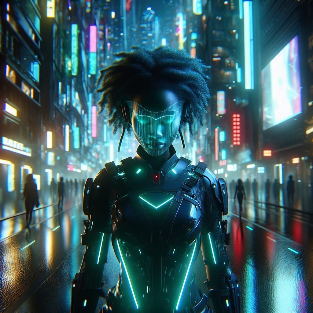 African Tech Genius in Neon Cyberpunk Cityscape