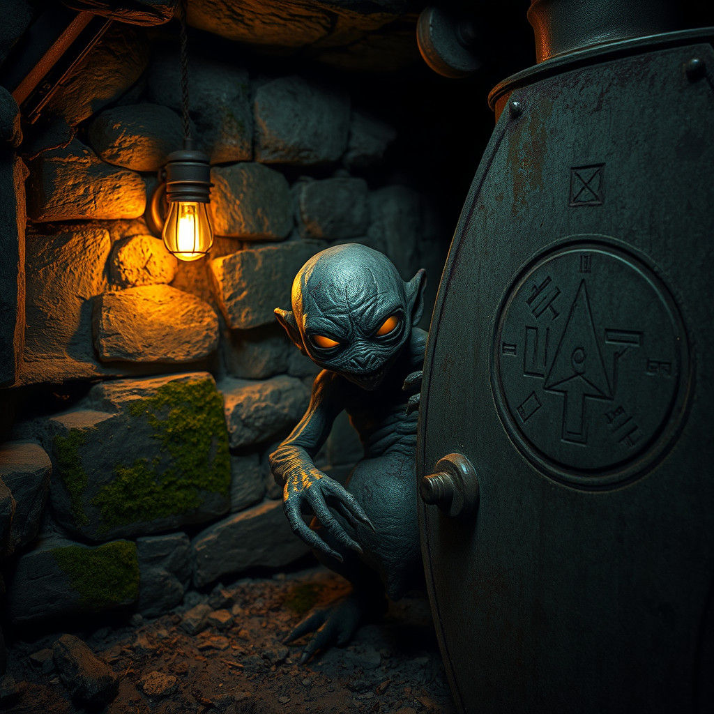 Unsettling Creature Hiding in Dank Basement, in Dark Surreal...