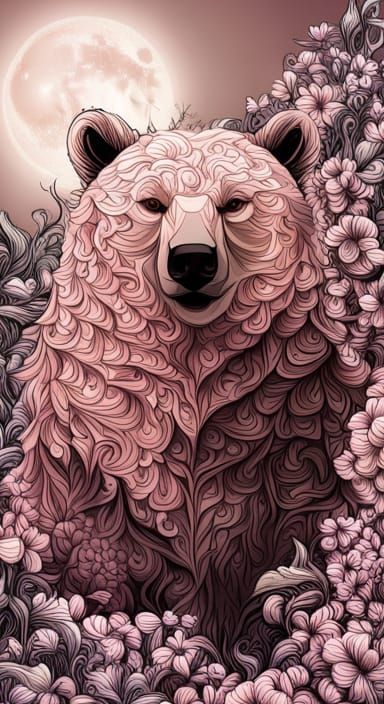 Bear covered in flowering vines overgrowing a full moon