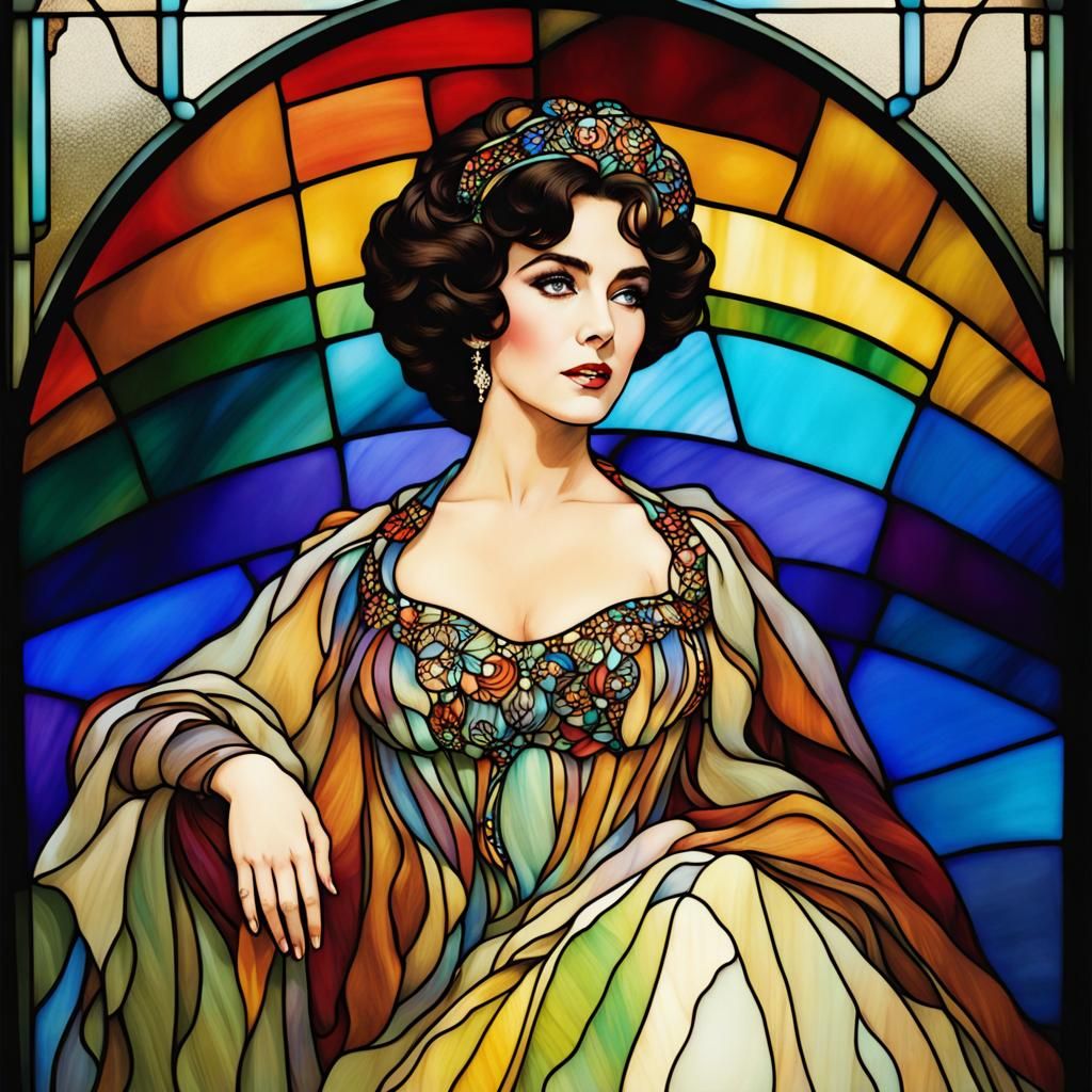 Elizabeth Taylor Stained Glass in Art Nouveau Style