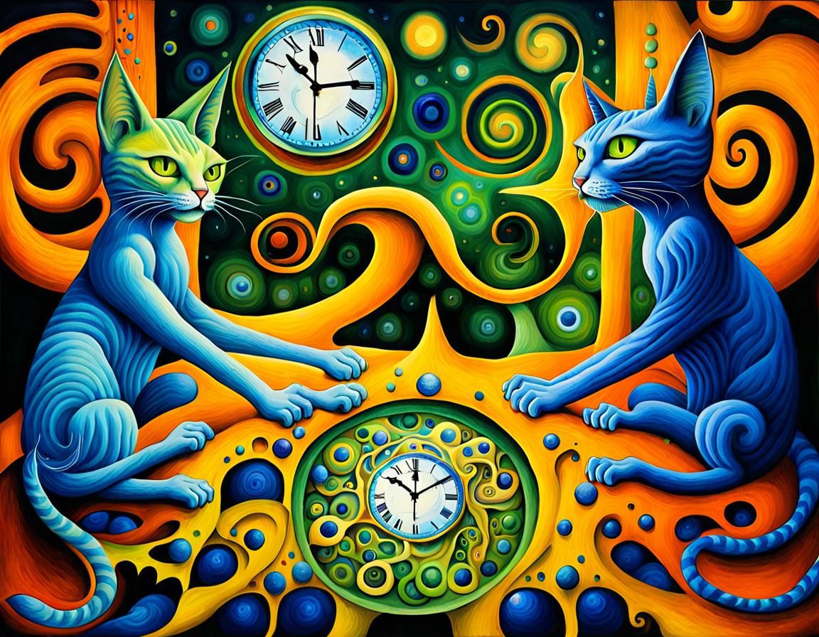 Two yellow cat elves with lapiz lazuli psilocybe clock heads...
