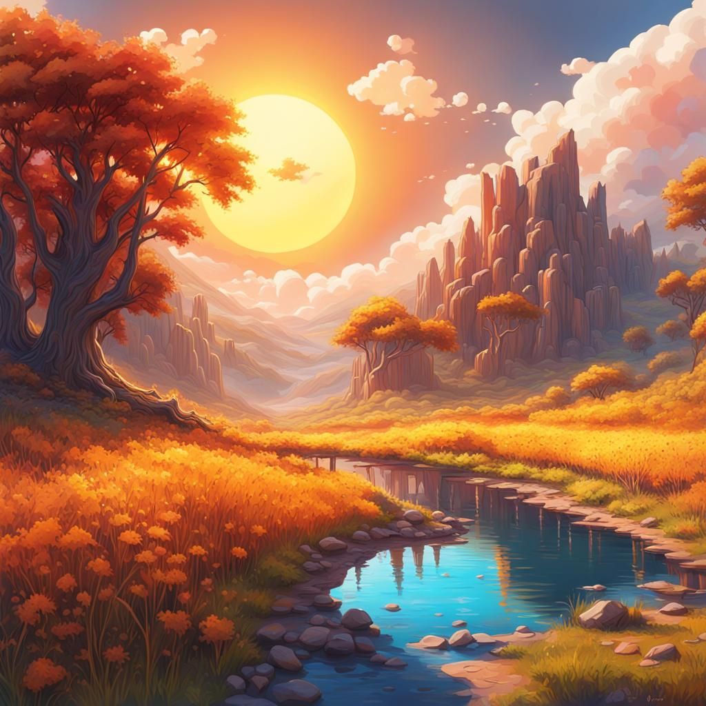 Summer Landscape Sun Art in Gouache Style