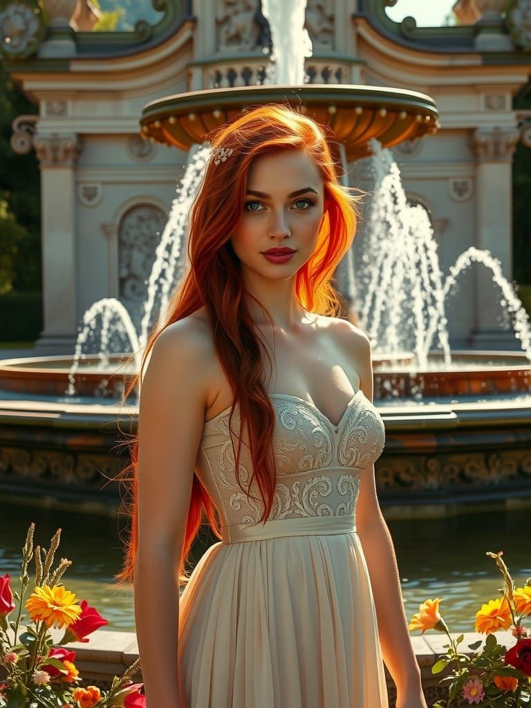 Serenely Beautiful Redhaired Woman in Idyllic Garden Setting